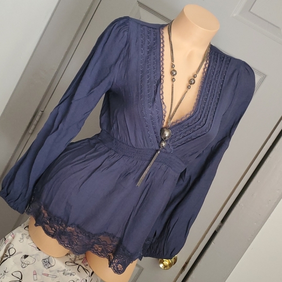 LAST ONE Spring 2021 Blue Lace V Neck Top - Picture 2 of 14